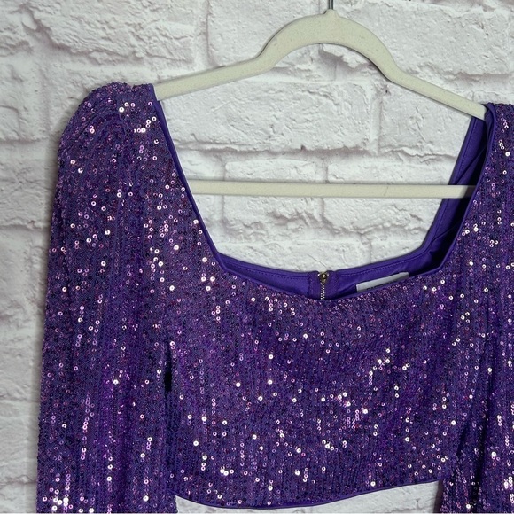 Faeriesty Purple Sequin Balloon Sleeve Crop Top - Picture 6 of 12